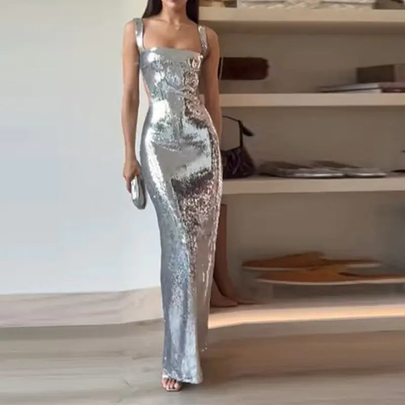 Backless Sequin Sling Square Collar Dress Skirt