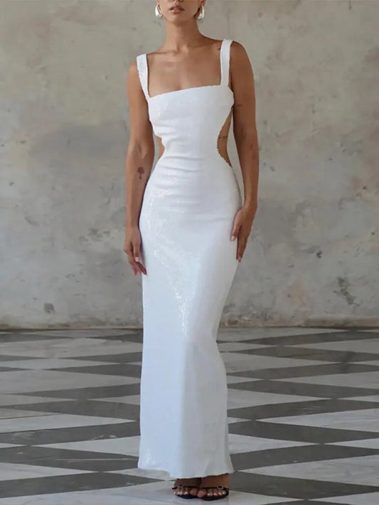 Backless Sequin Sling Square Collar Dress Skirt