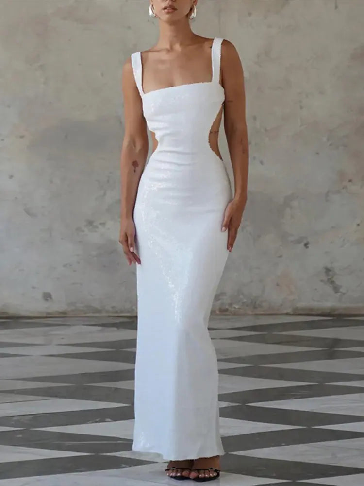 Backless Sequin Sling Square Collar Dress Skirt