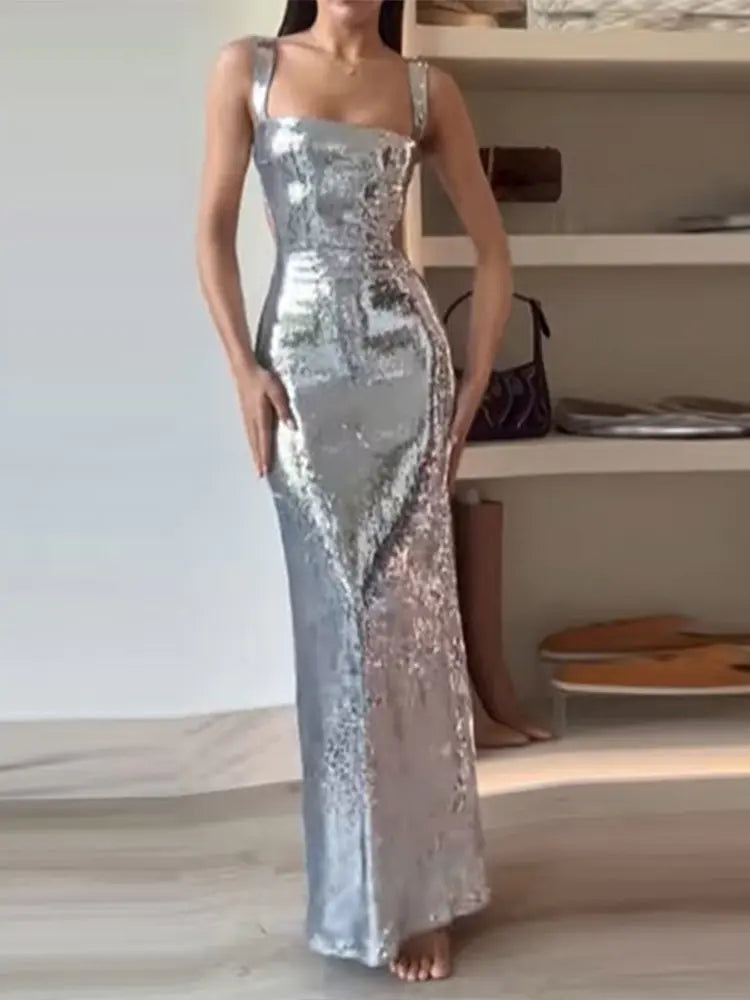 Backless Sequin Sling Square Collar Dress Skirt